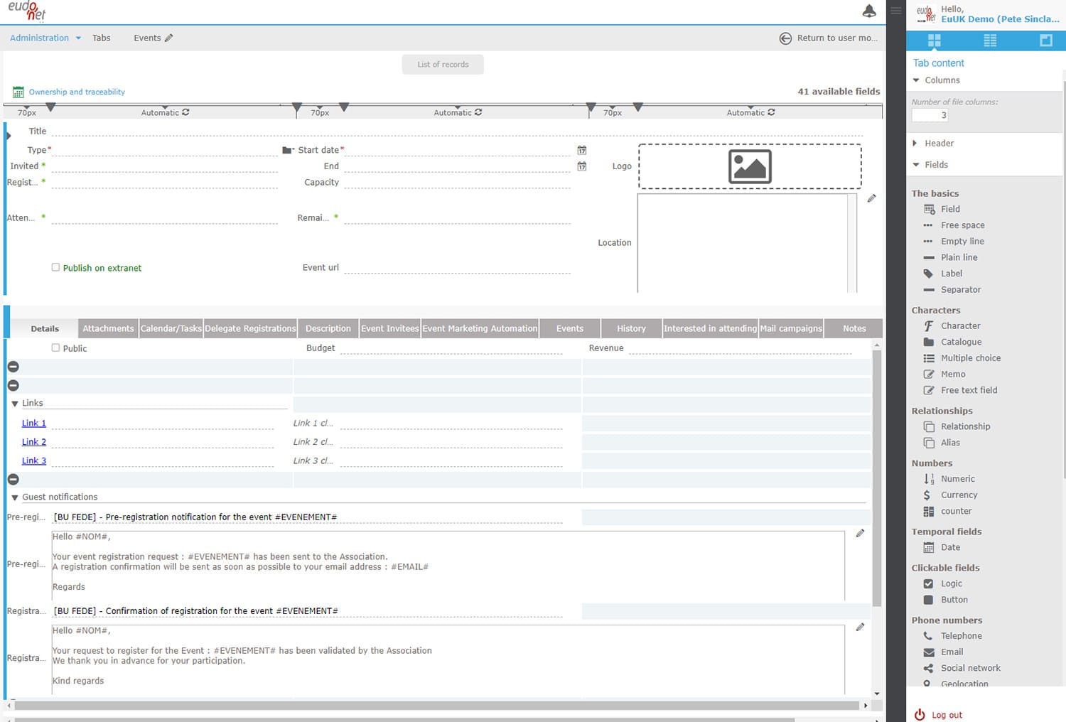 Administration interface CRM