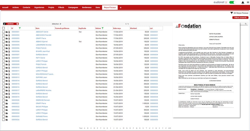 Edition reçus fiscaux dons cRM