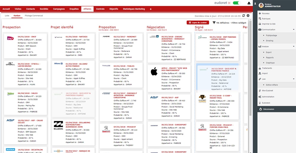 Suivi des affaires kanban CRM